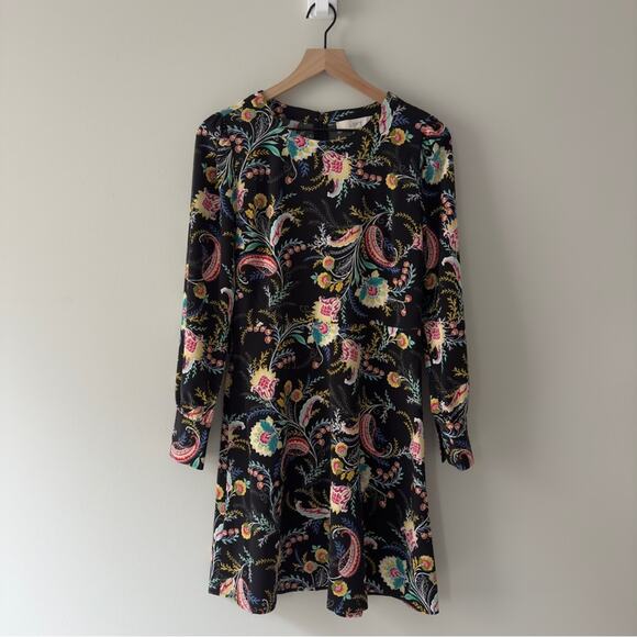 Loft Multicolor Floral Print Black Dress long button sleeve zip stretch A-Line 4 - Picture 1 of 12